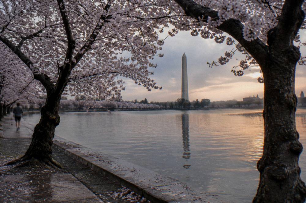 Cherry blossom trees in full bloom framing the Washington Monument across the Tidal Basin