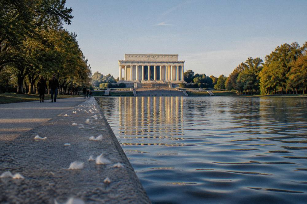 The Lincoln Memorial seen from the reflecting pool with the columns in late afternoon light
