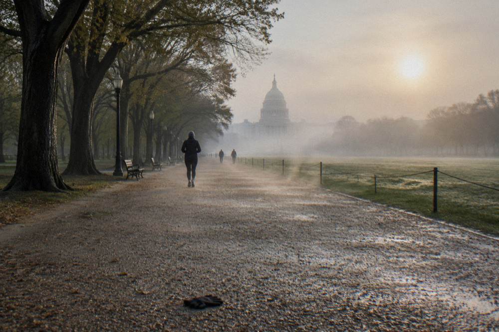 A wide gravel path on the National Mall stretching toward the US Capitol building in morning light
