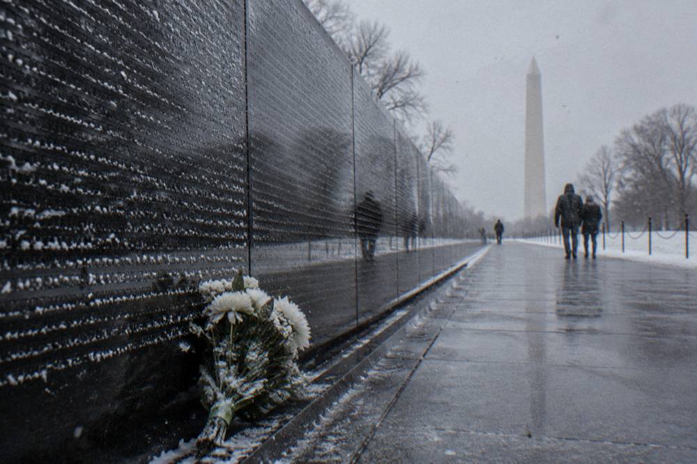 Stone columns and engraved names at a memorial wall on the National Mall
