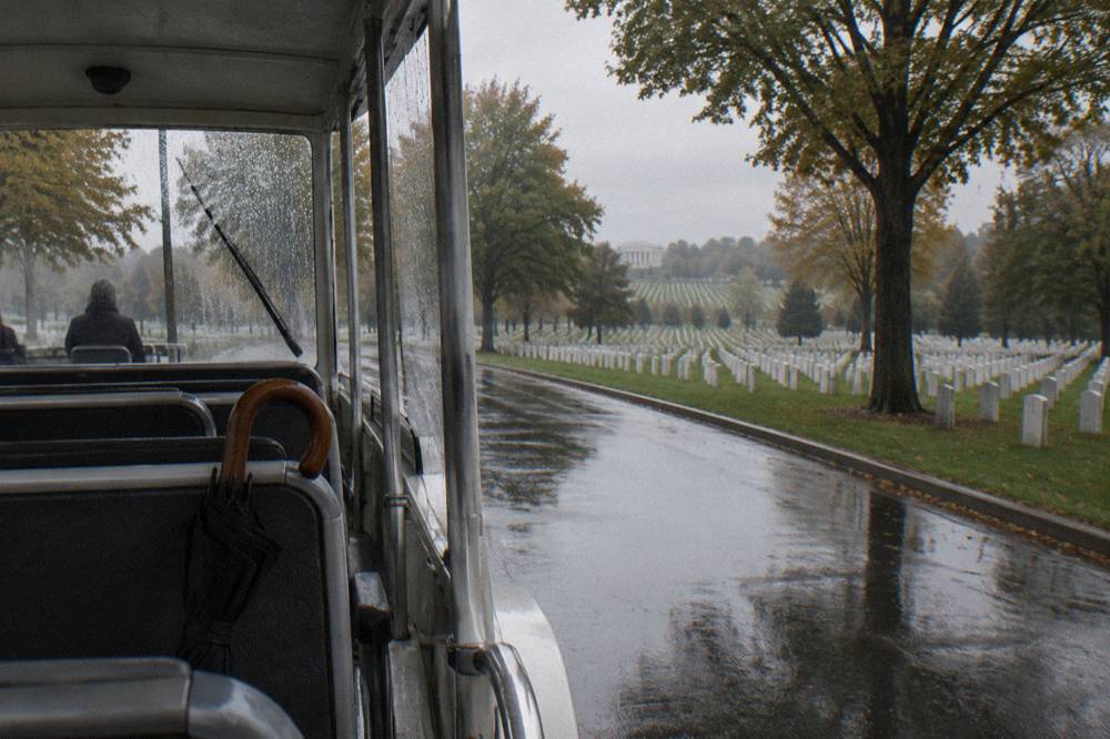 A shuttle tram stopped on a tree-lined road between rows of headstones at Arlington National Cemetery