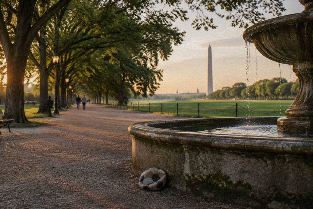 Tree-lined park path with a stone fountain and green lawns