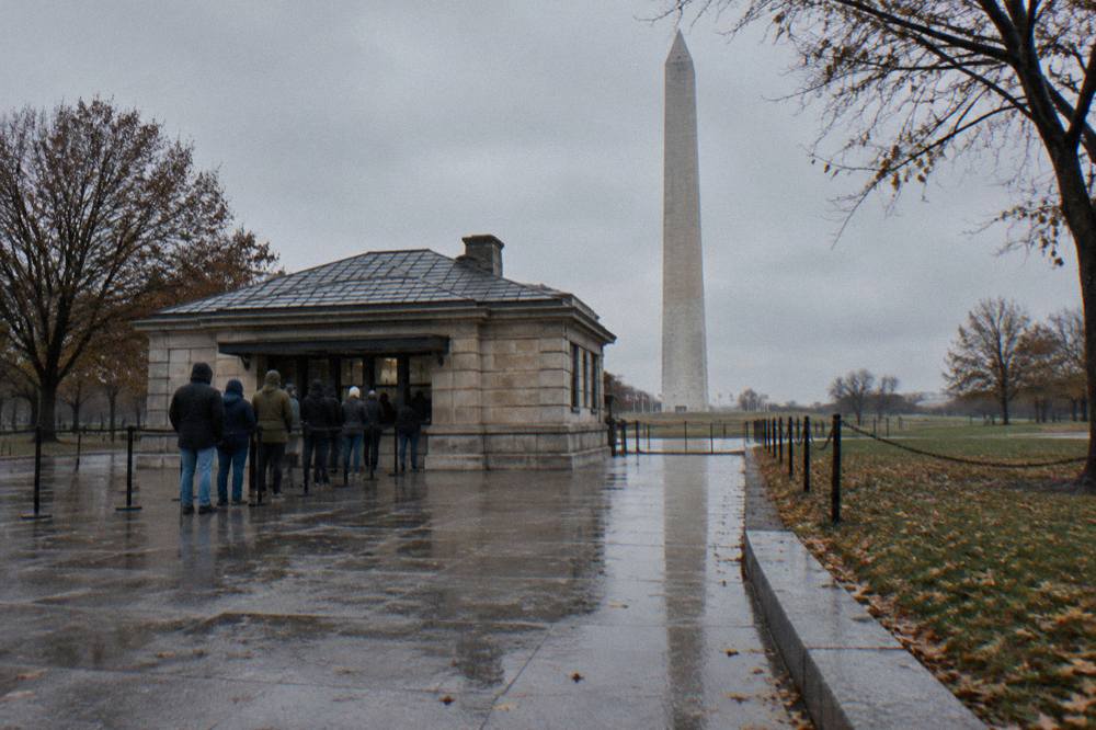 The stone Washington Monument Lodge ticket building on 15th Street with the obelisk visible behind